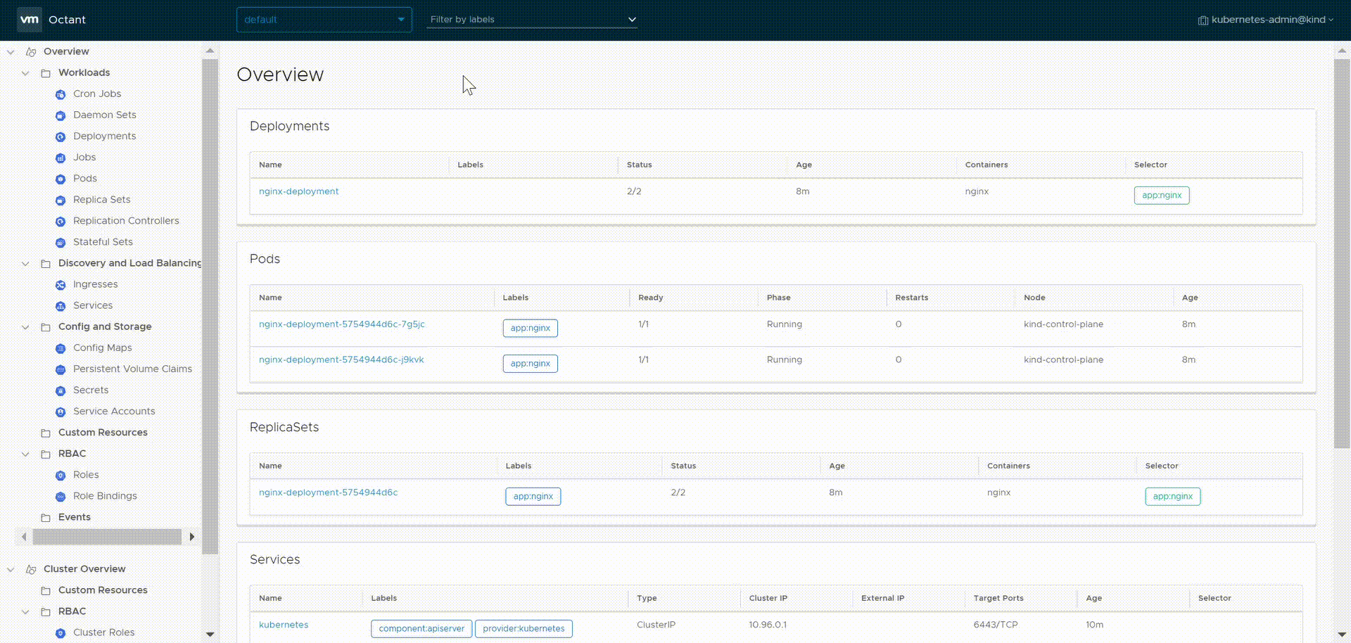 Cursor clicking on various aspects of the Octant UI